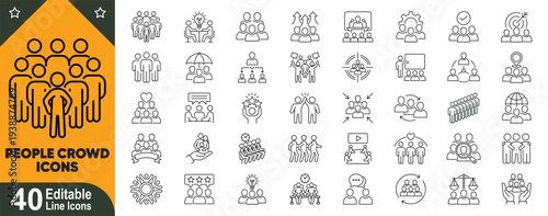People crowd line icons set. Group, community, audience, teamwork, protest, rally, public gathering and social movement pictogram collection, editable stroke vector icons.