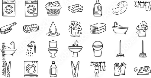 Hand-Drawn Black  White Line Art Doodle Icons Set for Domestic Chores, Cleaning, Laundry, and Hygiene Elements Collection