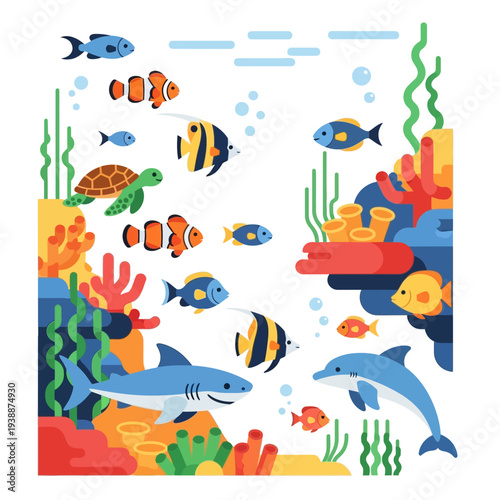 Vibrant Underwater Scene: Diverse Marine Life, Coral Reef, and Aquatic Ecosystem