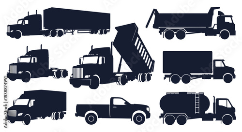A collection of various commercial trucks depicted in a stark black minimalist silhouette high quality professional detailed modern