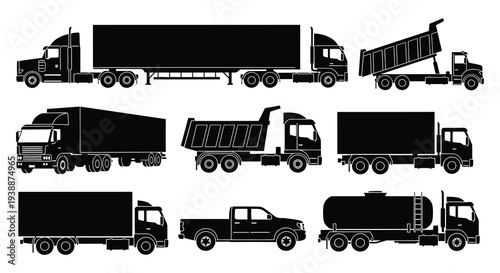 A collection of various commercial trucks and transport vehicles depicted in stark black silhouette high quality professional detailed