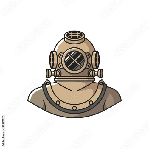 Vintage diving helmet, retro deep sea diver suit head, antique scuba gear, exploration equipment