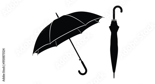 A minimalist depiction of an open and closed umbrella against a white background presented as a silhouette