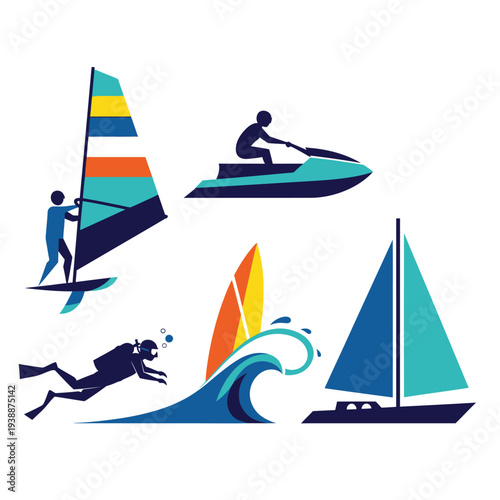 Water Sports Vector Icons: Windsurfing, Jet Ski, Scuba Diving, Surfing, Sailing