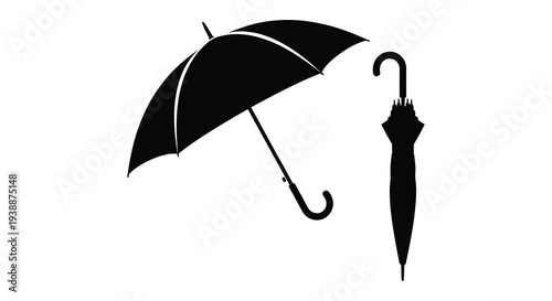 A minimalist depiction of an open and closed umbrella against a white background presented as a silhouette