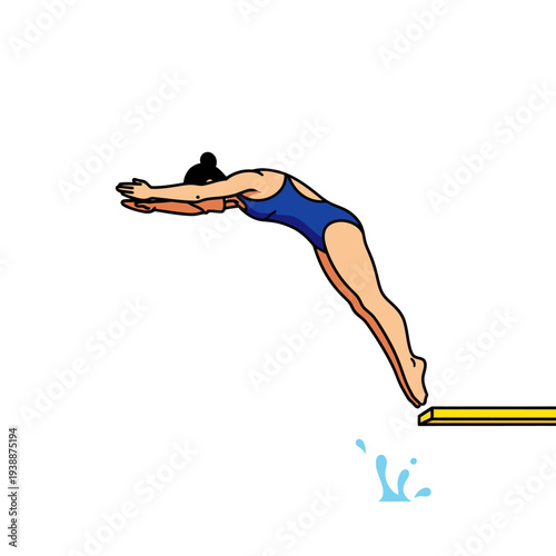 Woman diver jumps from springboard into water, athletic pose, summer sport