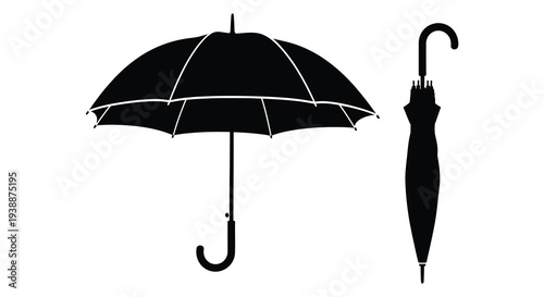 A striking black illustration depicts an open and closed umbrella showcasing a minimalist silhouette high quality professional detailed