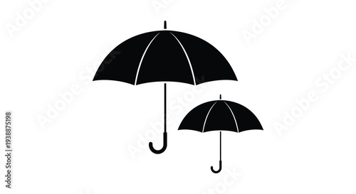 Two black umbrellas are depicted against a stark white background creating a minimalist silhouette high quality professional detailed