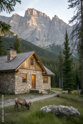 Handcrafted stone and wood cabin in a peaceful forest clearing