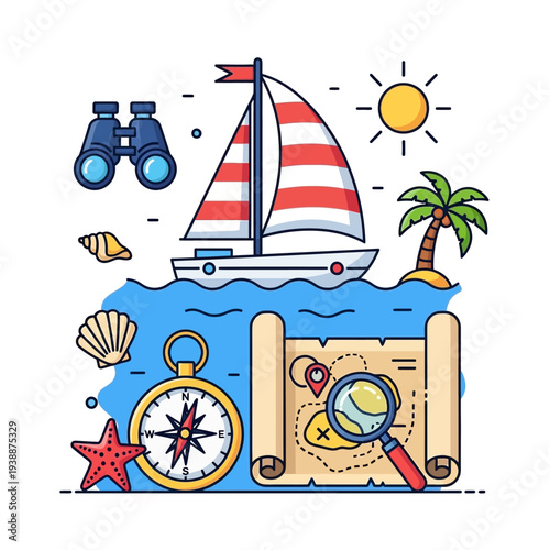 Nautical Adventure: Sailboat, Treasure Map, Compass, Binoculars on Tropical Island Background