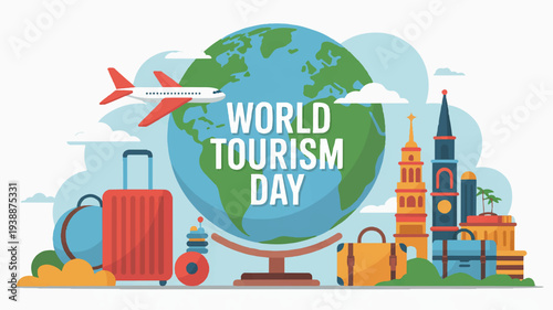 World tourism day illustration with globe luggage and landmarks celebrating travel and exploration globally