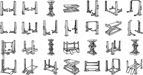Automotive Car Lifts and Vehicle Hoists Line Art Icons Set. Garage and Auto Repair Equipment Sketch Collection for Workshop Service