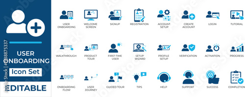 Editable user onboarding icon set. Flat illustrations for UI and UX, welcome screen, login, profile setup, tutorial, and user journey web design.