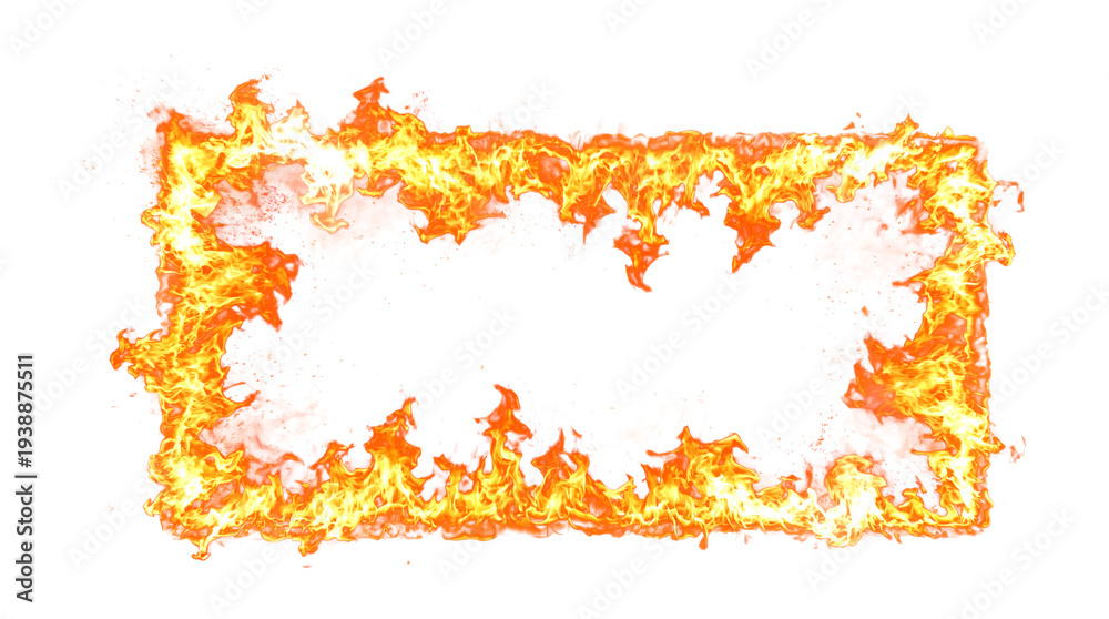 Fototapeta premium Fiery rectangular frame with burning flames isolated on transparent background, fire border design element for dramatic effects and warning signs