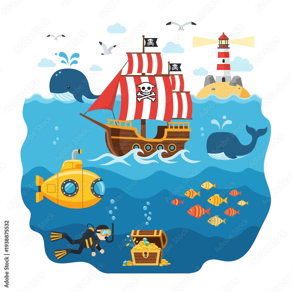 Naklejka premium Pirate Ship, Submarine, Diver, Treasure Chest, Whales, Lighthouse, Ocean Adventure