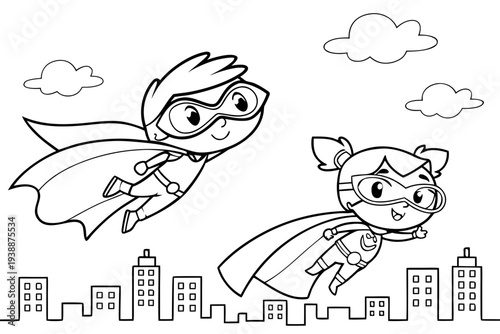 Superhero Kids Coloring Page for Children - Cute Child Heroes with Capes City Line Art