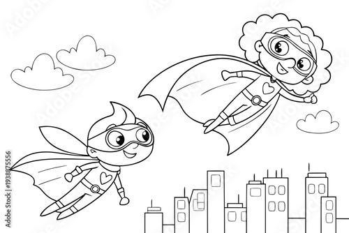 Superhero Kids Coloring Page for Children - Cute Child Heroes with Capes City Line Art