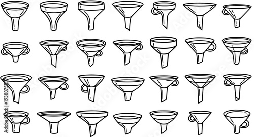 Collection of various Kitchen and Laboratory Funnels in Hand-Drawn Black and White Line Art Style - Essential Tools for Pouring and Transferring Liquids