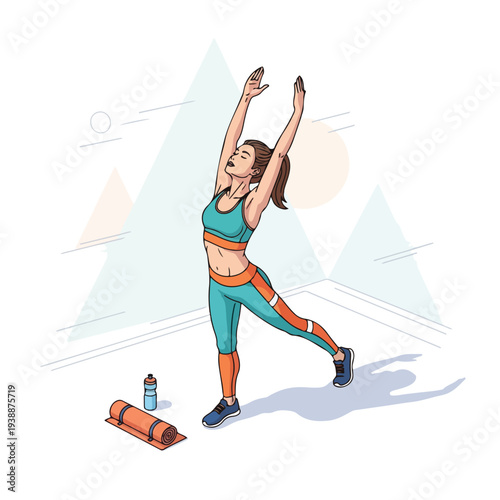 A woman in athletic wear practices a standing yoga pose
