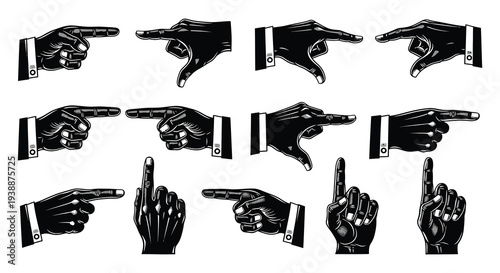 A collection of nine hands gesturing different directions presented in a striking black silhouette high quality professional detailed