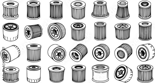 Black and white line art illustration of various automotive oil filters, automotive parts, engine components