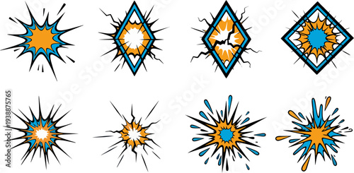 A collection of eight vibrant, comic-style explosion graphics with dynamic lines and shapes in orange, blue, and black on a white background