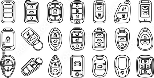 Black and White Line Art Icons of Modern Car Keys and Key Fobs, Automotive Technology Collection
