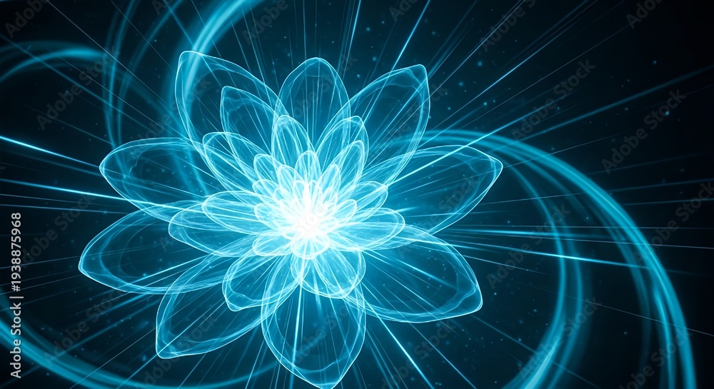 Obraz premium Glowing blue flower like shape with radiant lines and curves on dark background abstract design