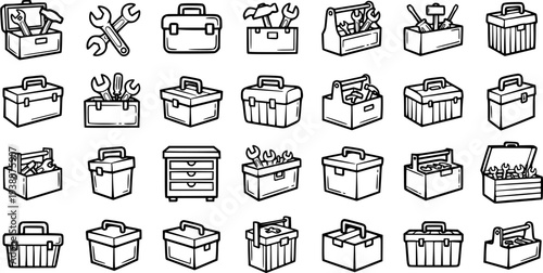 Construction Tools and Toolboxes Black and White Line Art Icons Set. Hand-drawn outline glyphs for repair, maintenance, and DIY projects.