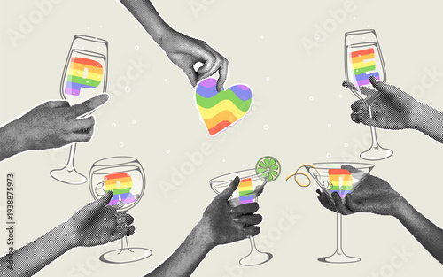 A horizontal collage on the theme of Pride Month. A trendy halftone collage in a retro style. Hands hold various glasses in a scrapbooking style.