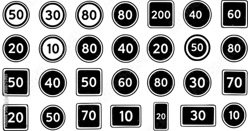 Automotive Road Safety: Black and White Line Art Speed Limit Signs Glyphs Collection for Transportation and Traffic Regulation Icons