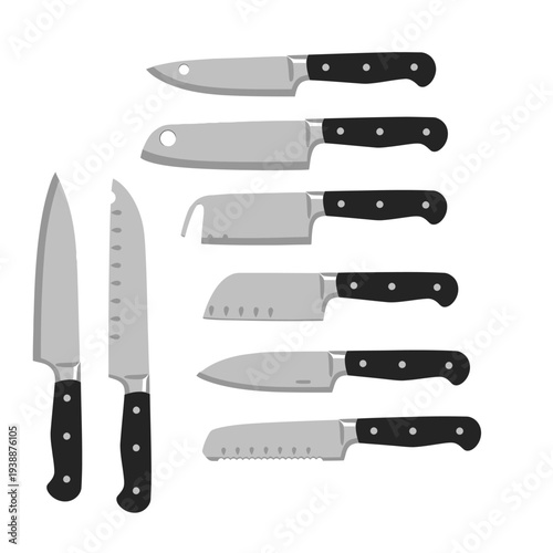 Collection of Sharp Kitchen Knives with Black Handles.