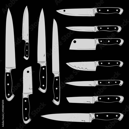Collection of Various Kitchen Knives Displayed.