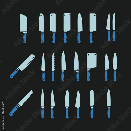 Collection of Various Kitchen Knives with Blue Handles.