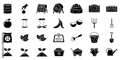 Composting and Organic Waste Vector Icon Set. Gardening and Recycling Glyphs Collection.