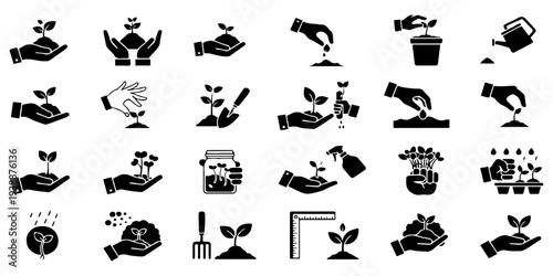 Planting and Growth Vector Icon Set with Hands, Seedlings, Soil, and Gardening Tools
