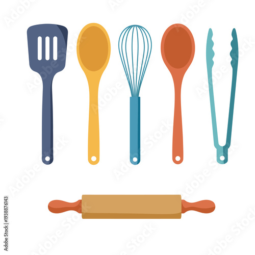 Colorful Kitchen Utensils and Rolling Pin.