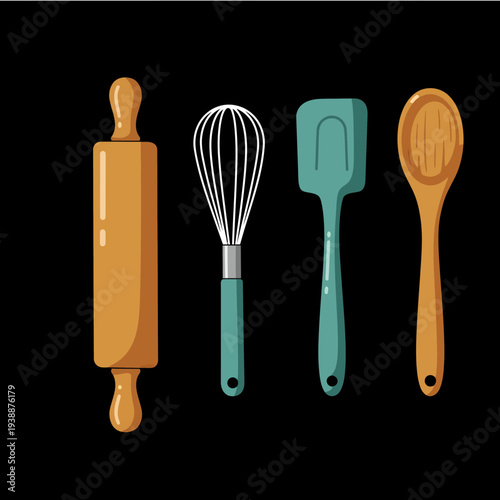 Kitchen Utensils Rolling Pin Whisk Spatula Spoon.