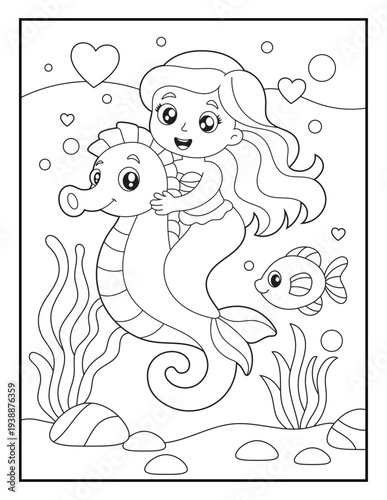 Wallpaper Mural Mermaid Riding Seahorse Coloring Page for Kids. Simple Underwater Fantasy Line Art Printable Coloring Sheet for Children. Torontodigital.ca