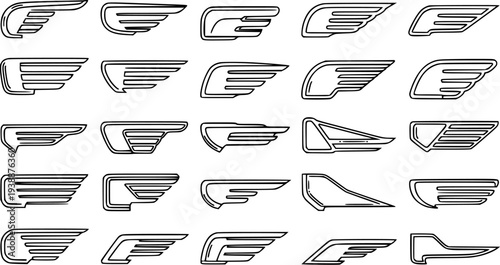 Stylized Wing Emblems  Badges Vector Set - Black  White Line Art Icons for Automotive, Speed, Sports Logos, and Design Elements