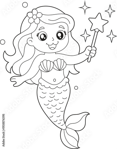 Wallpaper Mural Cute Mermaid Fairy Coloring Page for Kids with Magic Wand and Stars. Simple Cartoon Fantasy Character Line Art Printable Coloring Sheet Torontodigital.ca