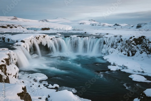 Wallpaper Mural Snow-covered waterfall in a frozen landscape with icy cliffs and distant mountains under a cloudy sky Torontodigital.ca