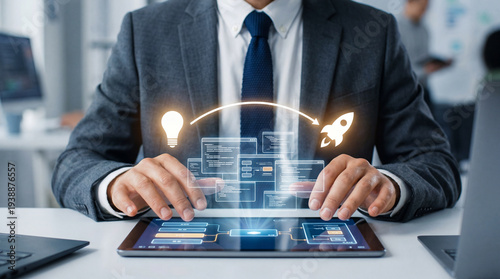 Low-code or no-code development platform. Solutions for creating software without coding. Business person using a laptop to build applications.