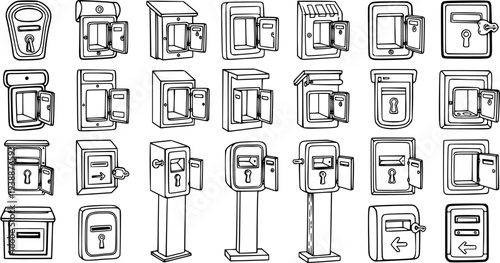 Black  White Line Art Vector Set of Mailboxes, Security Boxes, and Key Depositories. Outline Icons for Postal, Banking, and Home Security Industries.
