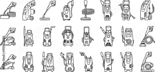 Black and White Line Art Set of Various Pressure Washers and Cleaning Equipment