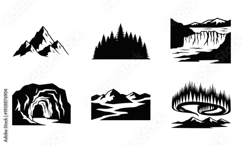 Minimalist Black Vector Nature Landscape Icon Set: Mountains, Forest, Waterfall, Cave, Aurora