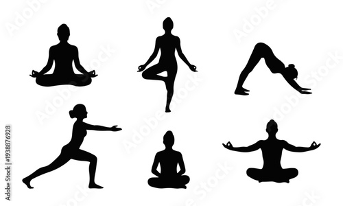 Set of black yoga pose vector silhouettes isolated on white background