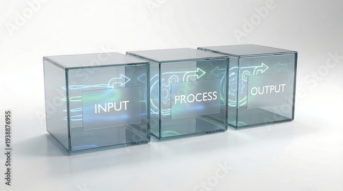 Three transparent glass cubes with input, process, and output labels on a plain white background with subtle shadows and a futuristic feel.
