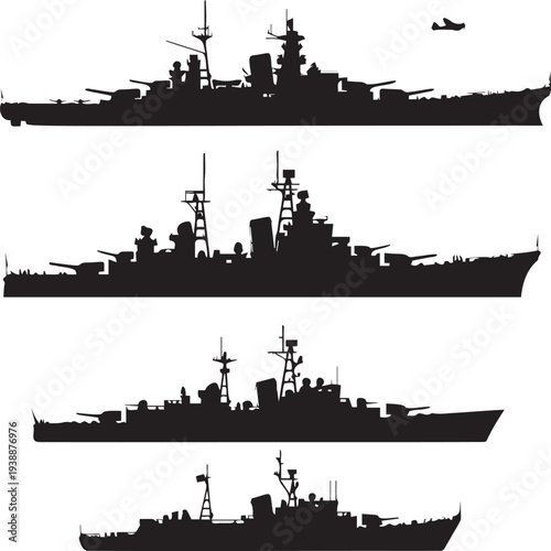 Battleship and warship silhouettes collection on transparent background naval fleet concept fleet of navy vessels