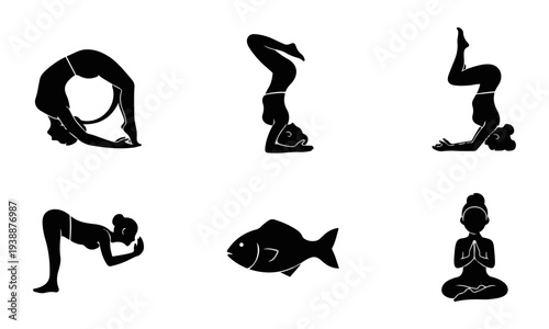 Set of Yoga Poses and Fish Black Silhouettes Vector Isolated